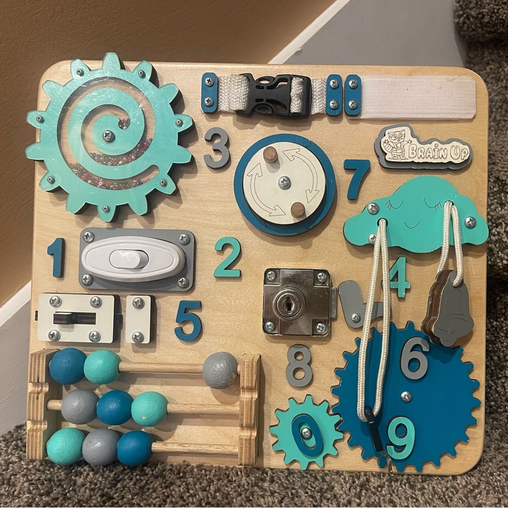 Wooden Activity Board for Toddler - Blue and Teal